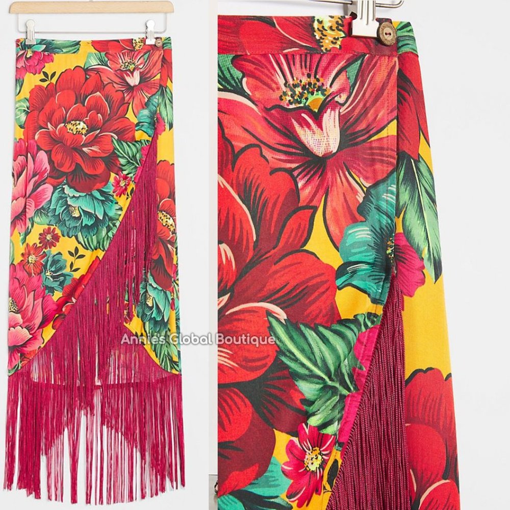ANTHROPOLOGIE Farm Rio Benita Fringed Wrap Skirt - Picture 7 of 15